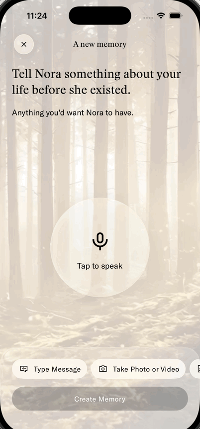 Audio-first memory creation flow with recording as the primary action