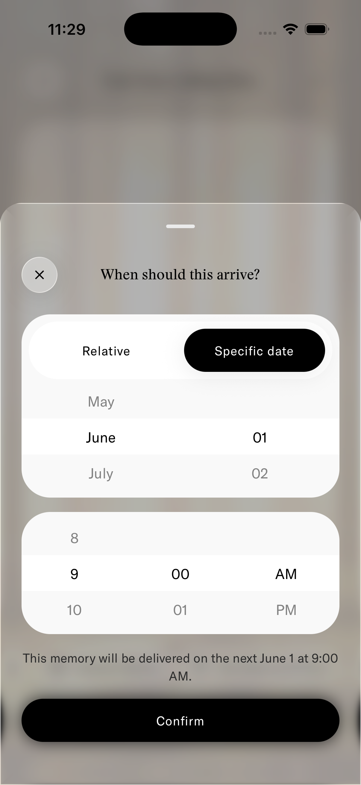 Date picker interface for scheduling a memory delivery on a meaningful date