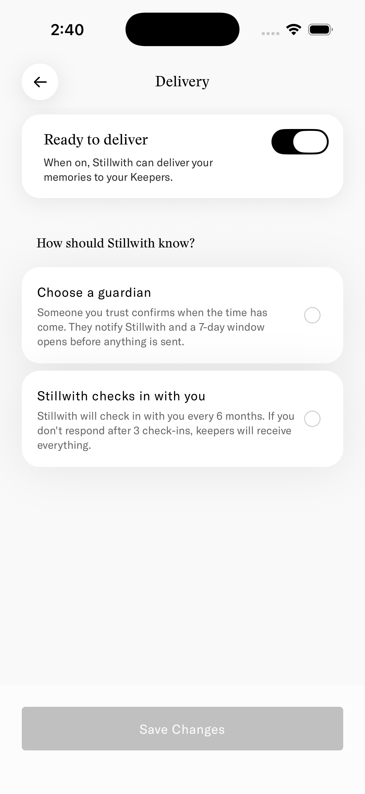 Delivery settings screen with a ready-to-deliver toggle and two trigger options