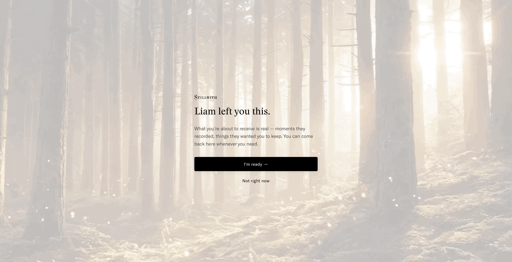 Keeper's first screen on web — the moment they open the personal URL and see the memory waiting