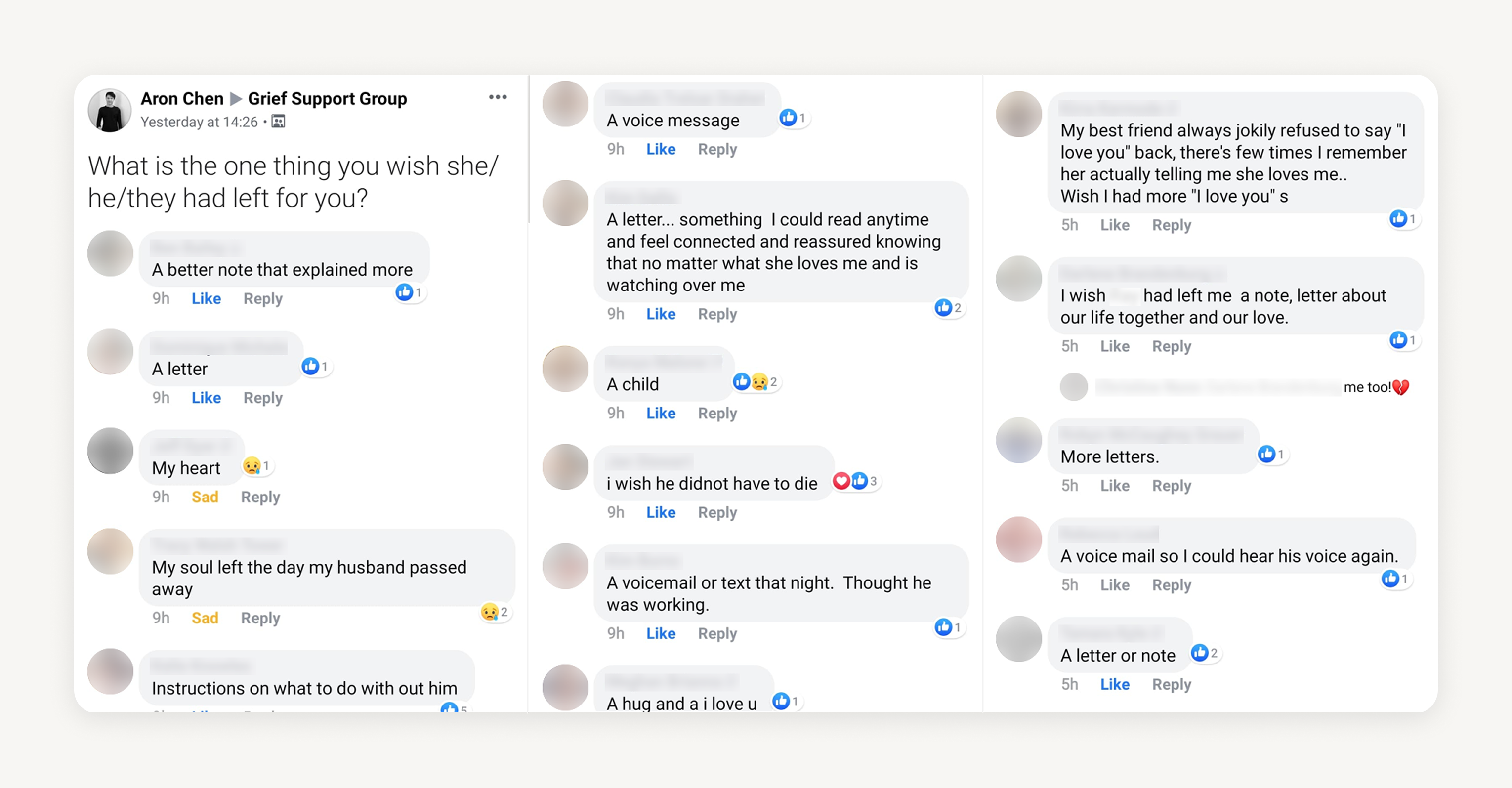 Responses to Facebook grief support group post
